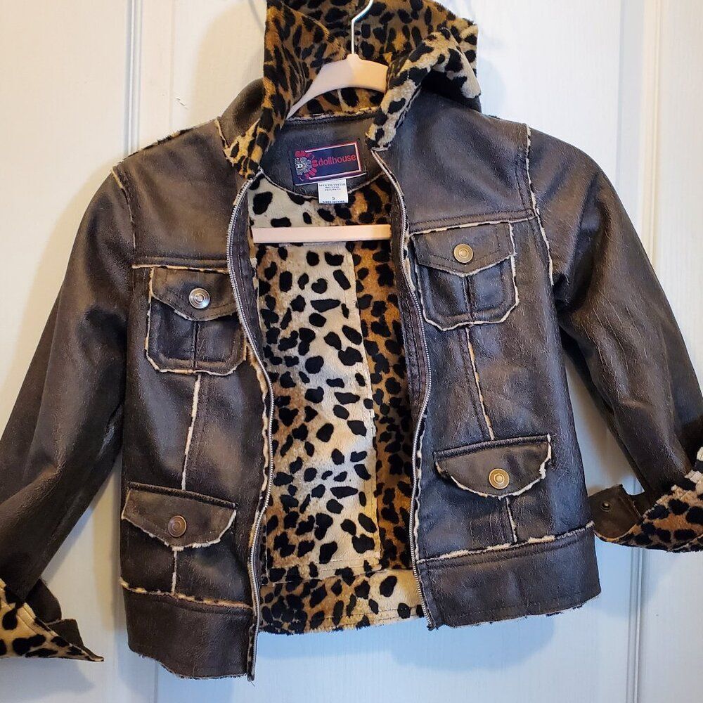 Dollhouse Faux Leather Leopard coat with hood - girls Small
